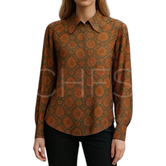 Vintage PERSONAL Shirt Women’s Medallion Print Point Collar 60’s 70’s Petite Sml - Picture 1 of 11